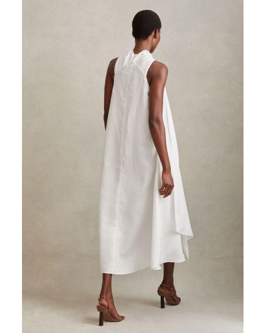 Reiss Natural Cosette - White Linen Blend Drape Midi Dress