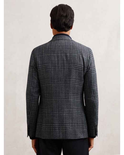 Reiss Blue Wool-Blend Check Single-Breasted Blazer Tailored-Fit for men