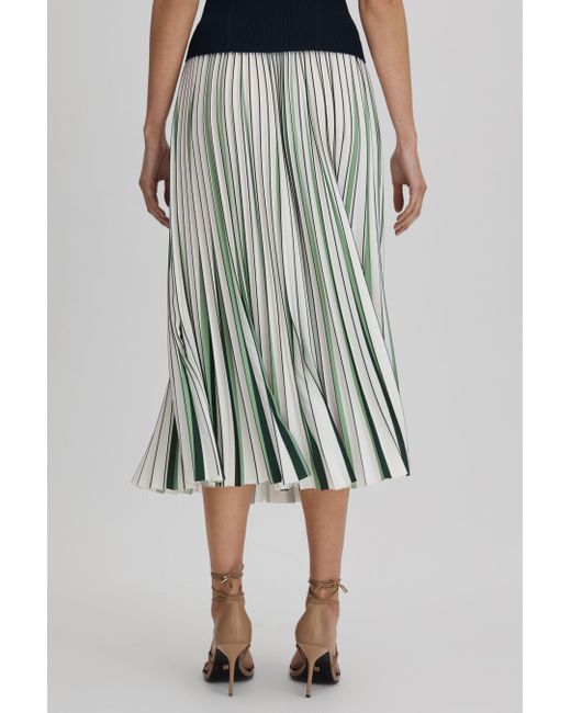 Reiss Blue Saige - Green/cream Pleated Striped Midi Skirt, Us 2