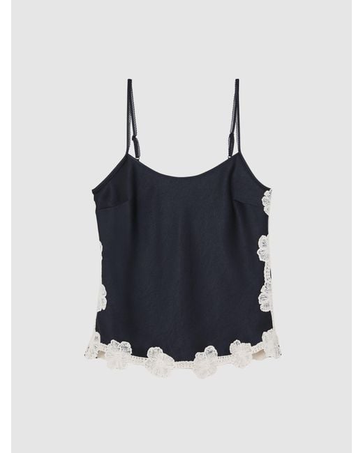 Reiss White Doa - Navy Satin Floral-lace Trim Cami Top, Us 0