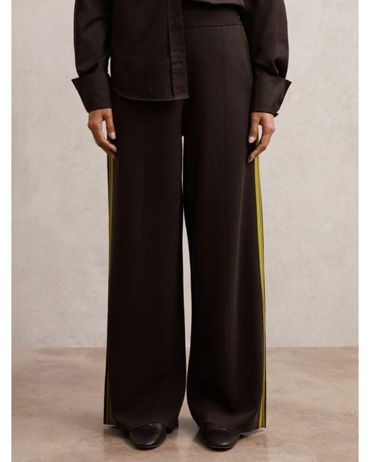 Reiss Brown Knitted Side-Stripe Wide-Leg Trousers