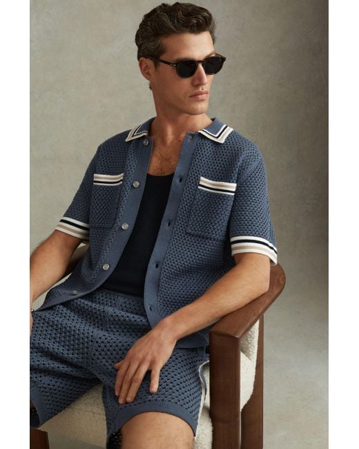 Reiss Coulson - Airforce Blue Cotton Blend Crochet Shirt for men