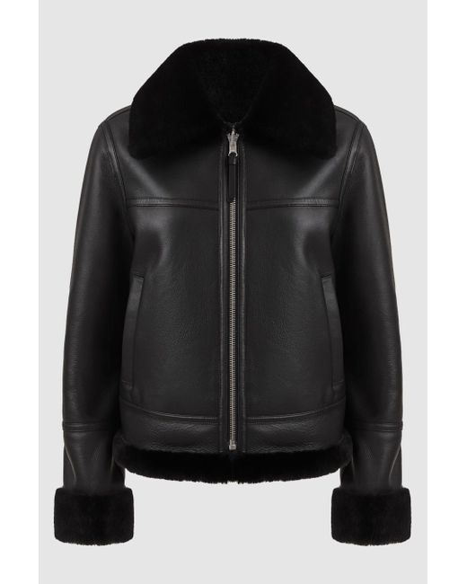 Reiss Melody - Black Reversible Leather Shearling Zip-through Jacket