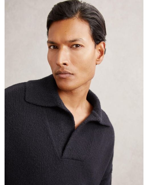 Reiss Blue Wool-Blend Relaxed Open-Collar Jumper for men