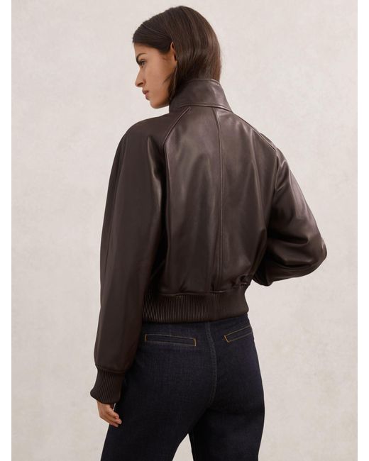Reiss Black Eloise - Chocolate Brown Leather Funnel-neck Bomber Jacket, Us 6