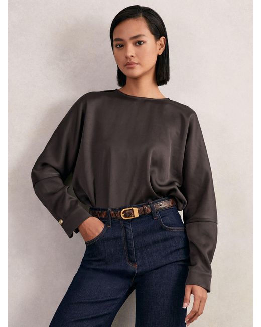 Reiss Blue Satin Button-Back Long-Sleeve Top