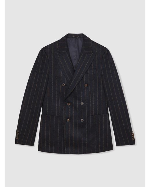 Reiss Blue Double-Breasted Chalk-Stripe Blazer Tailored-Fit With Wool for men