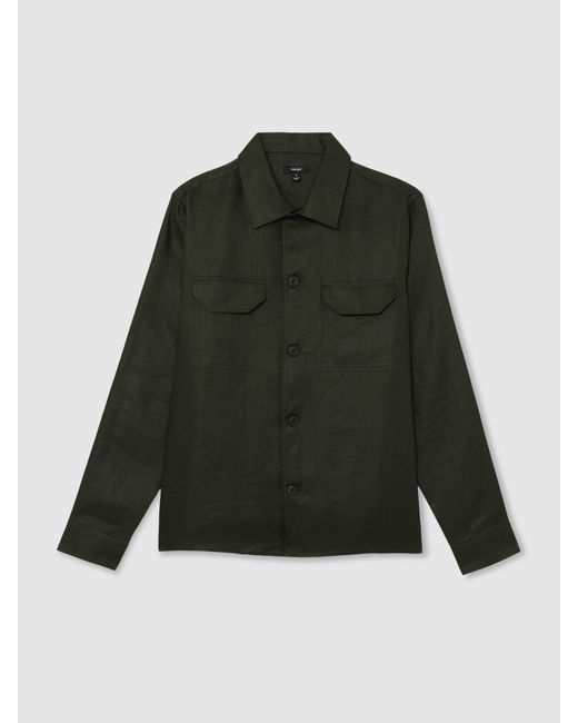 Reiss Green Linen Herringbone-Stripe Regular-Fit Shirt for men