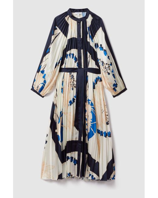 Reiss Blue Printed Pleated Maxi Dress