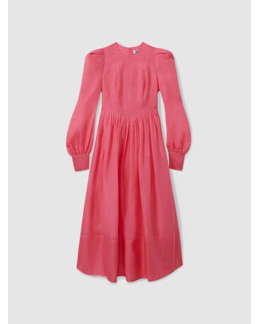 LEO LIN Pink Leo Silk-Linen Bishop Sleeve Midi Dress