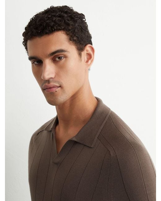 Reiss Brown Merino Wool Wide-Rib Polo Jumper for men