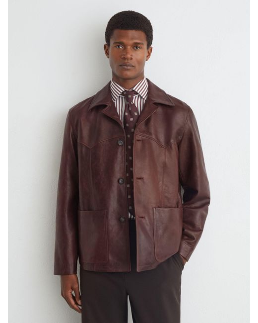 Reiss Brown Burnished-Leather Button-Through Jacket for men
