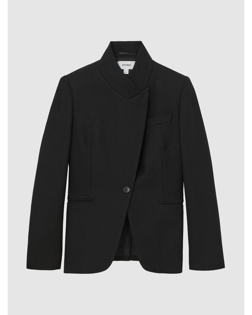 Reiss Black Wool-Blend Wrapover Blazer