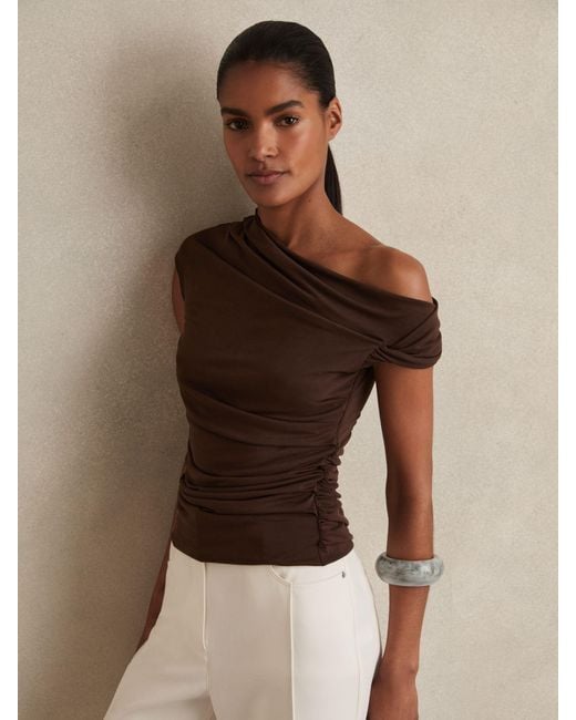 Reiss Brown Blend Ruched Off-Shoulder Top