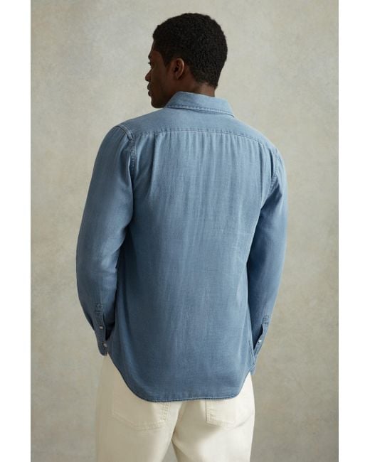 Reiss Gray Minoa - Washed Blue Chambray Pique Button-through Shirt for men