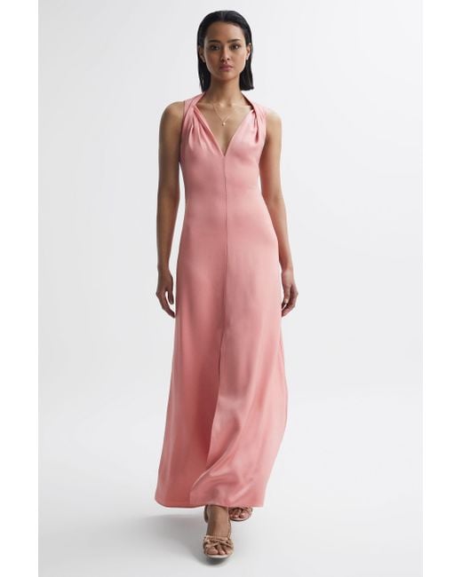 Reiss Pink Lila - Coral Bridesmaid Twist Detail Midi Dress, Us 2