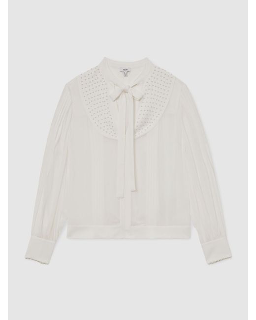 Reiss White Georgette Tie-Neck Beaded Blouse