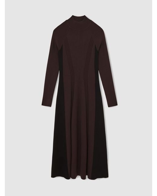 Reiss Zaya - Plum Purple/black Petite Knitted Contrast-panel Midi Dress, L (us 12-14)