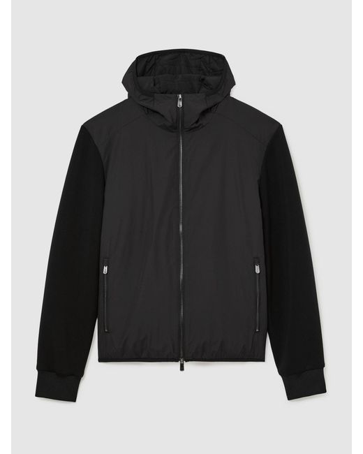 Reiss Black Interlock Hybrid Zip-Through Hooded Jacket for men