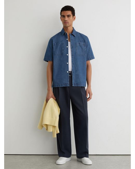 Reiss Blue Monogram-Embossed Relaxed Denim Shirt for men