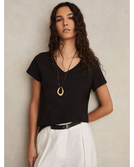 Reiss Luana - Black Cotton-jersey V-neck T-shirt, Xs (us 2)