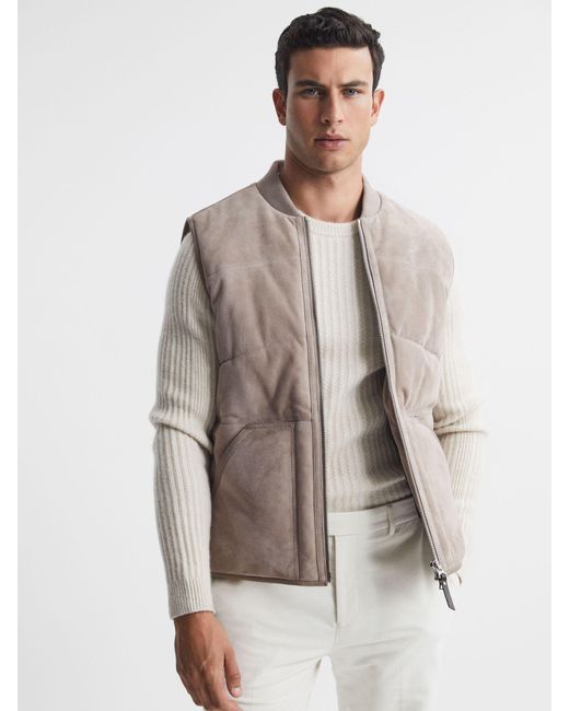 Reiss Brown Suede Quilted Sleeveless Gilet for men