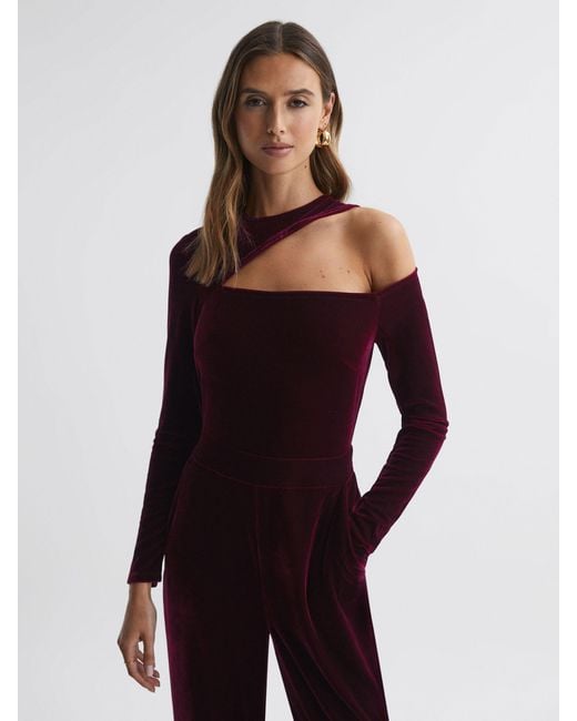Reiss Red Adele Berry Petite Velvet Off-The-Shoulder Jumpsuit