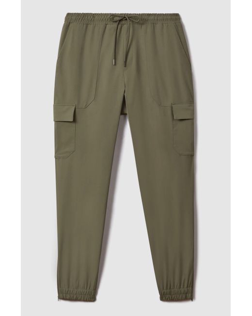 Reiss Green Lavenham - Olive Technical Drawstring Cargo Trousers for men