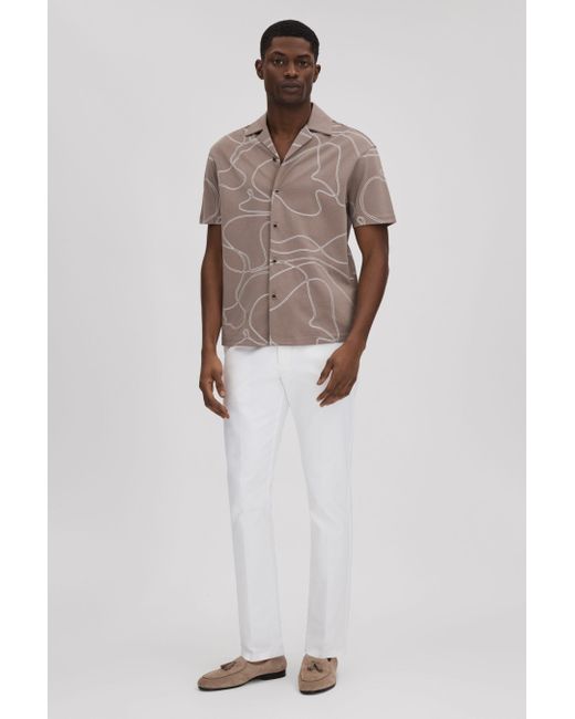 Reiss Brown Menton - Taupe Cotton Jersey Embroidered Shirt, M for men
