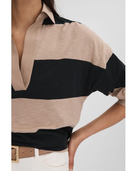 Reiss Multicolor Abigail - Black/camel Striped Cotton Open-collar T-shirt