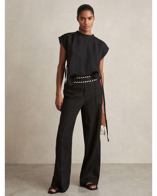 Reiss Fawn - Black Linen Wide-leg Whipstitch Trousers, Us 10 R