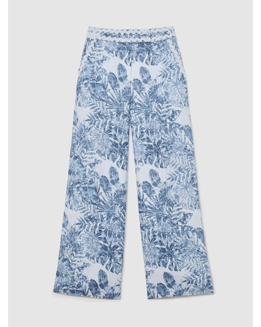 Reiss Mila - Blue Linen Wave-trim Printed Wide-leg Trousers, 18l