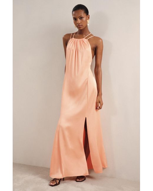Reiss Brown Tallie - Peach Petite Satin Halterneck Maxi Dress, Us 10