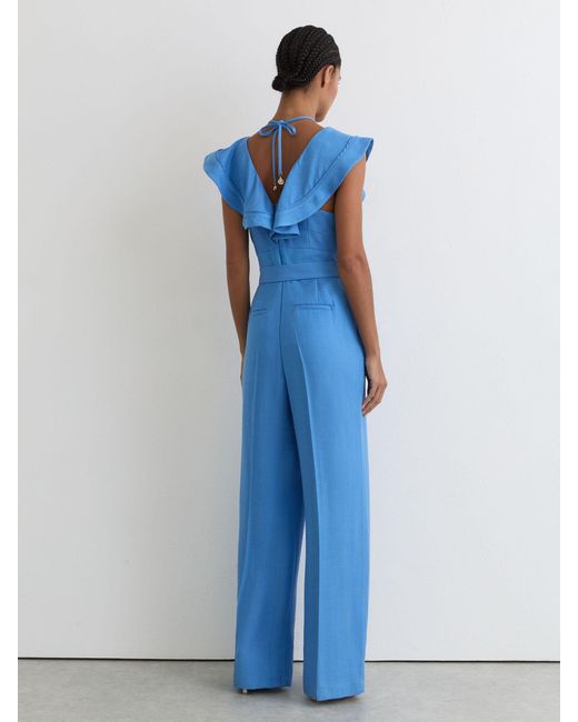 Reiss Sophia - Blue Ruffle Tie-neck Wide-leg Jumpsuit, Us 0