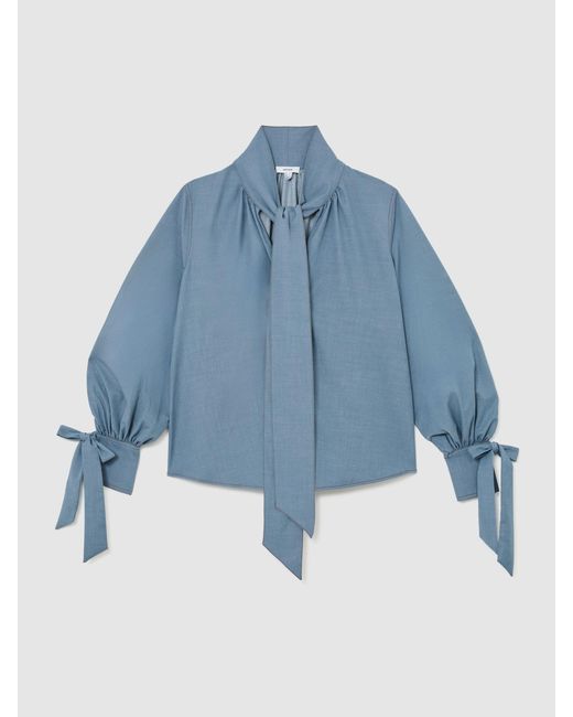 Reiss Blue Denim-Look Tie-Neck Blouse