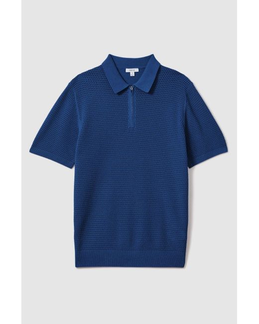 Reiss Burnham - Bright Blue Cotton Blend Textured Half Zip Polo Shirt, L for men