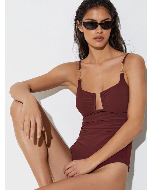 Reiss Green Cut-Out Detail Ruched Swimsuit