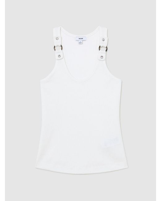 Reiss Blue Bella - White Stretch-cotton Hardware-detail Vest, L (us 12-14)