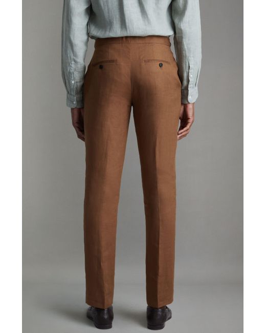 Reiss Kin - Tobacco Brown Slim Fit Linen Adjuster Trousers for men
