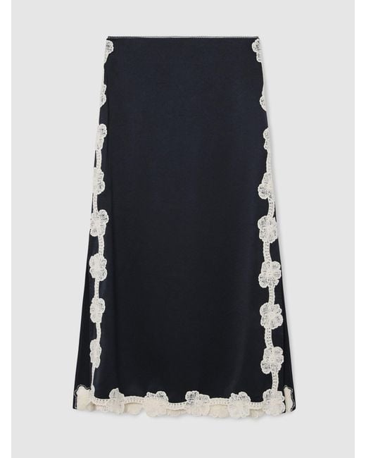 Reiss White Satin Floral-Lace Trim Midi Skirt