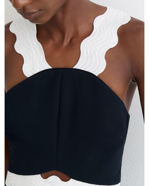 Reiss White Contrast Wave-Trim Fitted Midi Dress