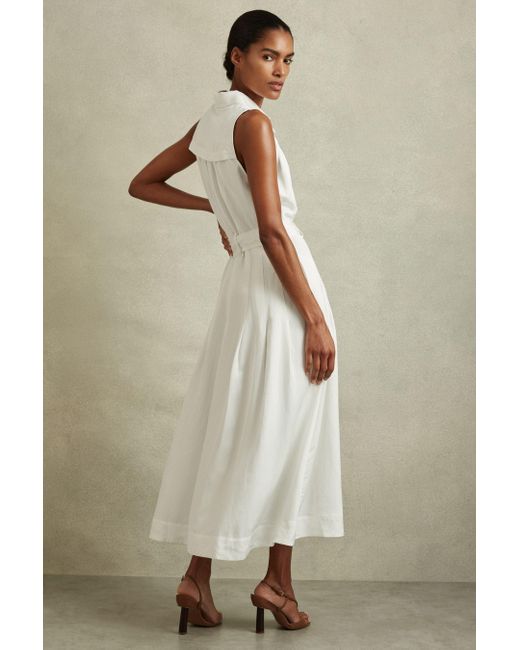 Reiss Natural Heidi - White Petite Viscose Linen Belted Midi Dress, Us 10