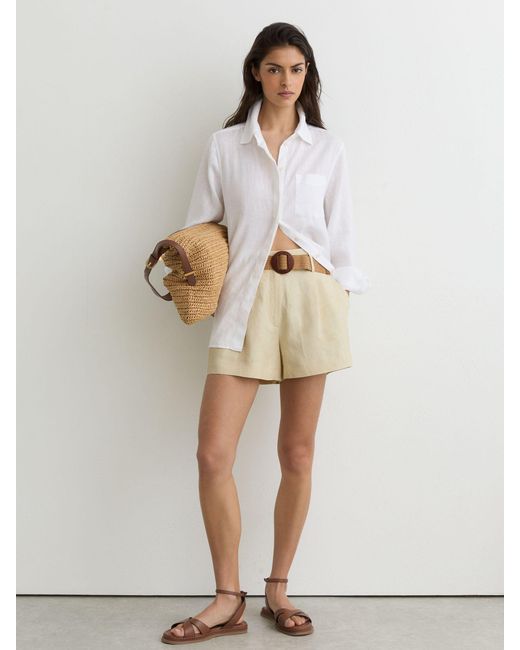 Reiss Natural Matilda - Neutral Jacquard Belted Shorts With Linen, Us 12