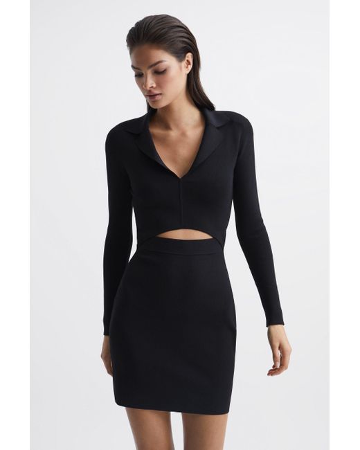 Reiss Freya - Black Cut-out Collared Knitted Bodycon Dress, S