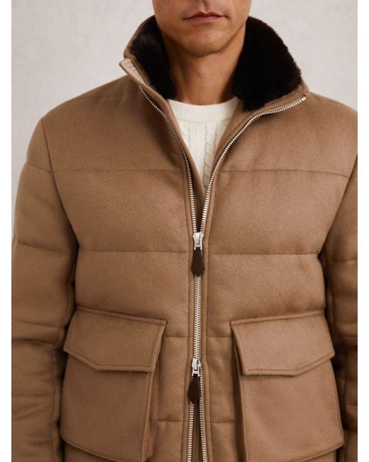 Reiss Brown Faux-Fur Collar Quilted Puffer Jacket for men