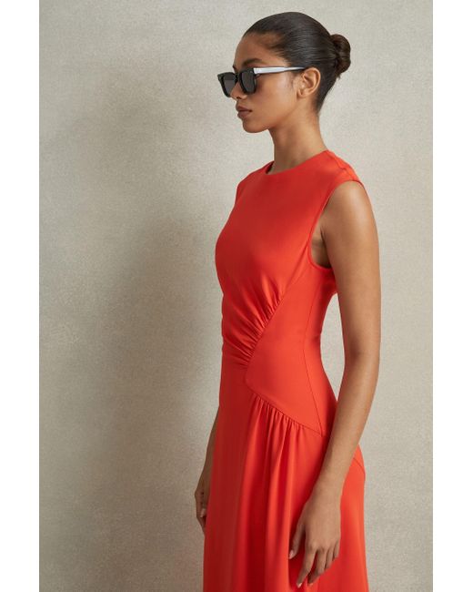 Reiss Red Stacey - Orange Ruched Midi Dress
