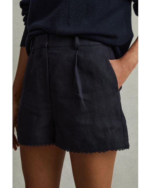Reiss Blue Belle - Navy Linen Belted Shorts, Us 6