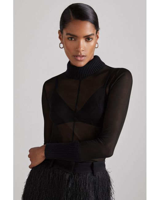 Reiss Amber - Black Atelier Sheer-jersey Funnel-neck Top, 2