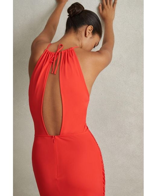 Reiss Red Kia - Orange Jersey Halter Neck Midi Dress