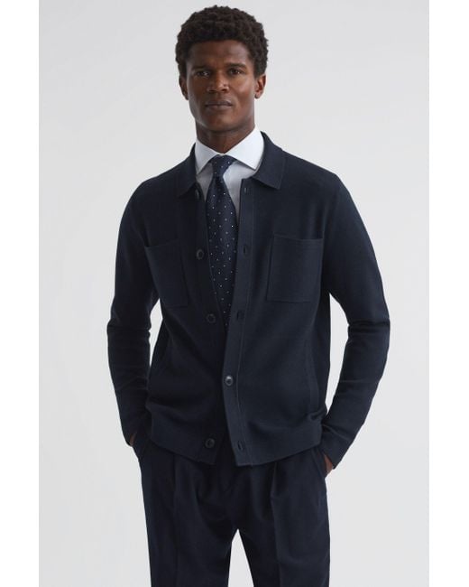 Reiss Blue Forester - Navy/white Long Sleeve Button-through Cardigan for men